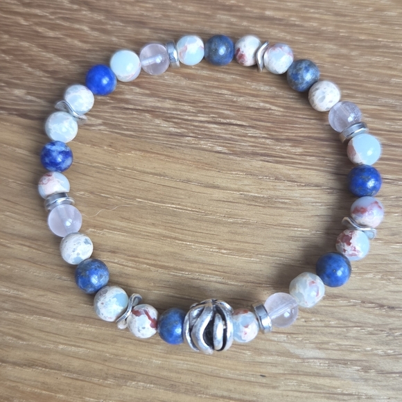 Aqua Terra Jasper & Lapis Lazuli Stretch Beads Bracelet, Hand Crafted - Picture 3 of 8